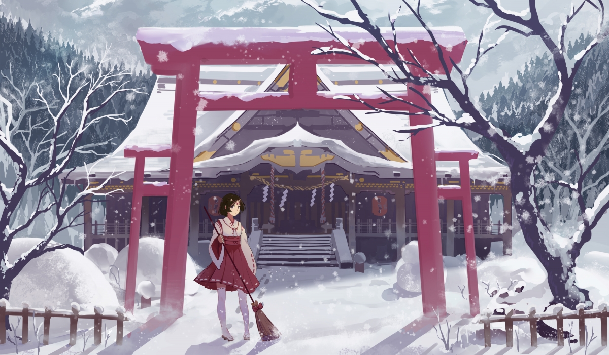 扫雪的小女孩 雪 寺庙 寺院 动漫壁纸
