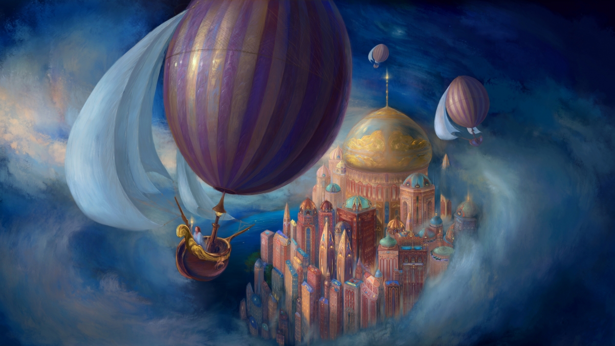 梦想,天空,城堡,热气球,4k壁纸