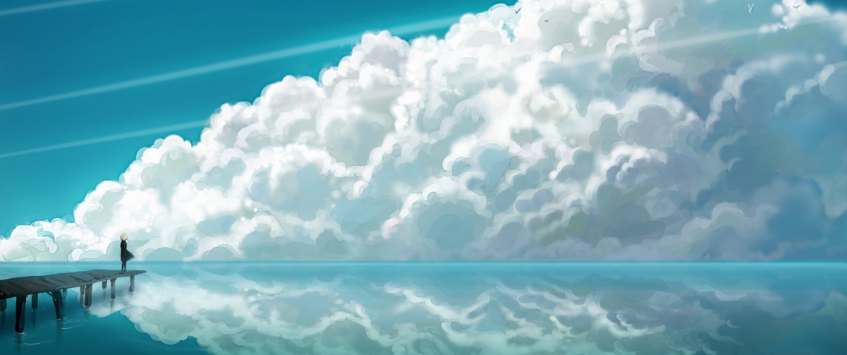 天上的云,大海,码头,女孩,3440x1440动漫壁纸