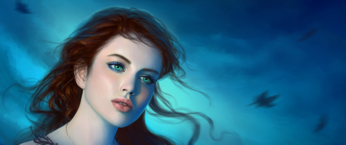 幻想的女孩,绿色的眼睛,3440x1440壁纸
