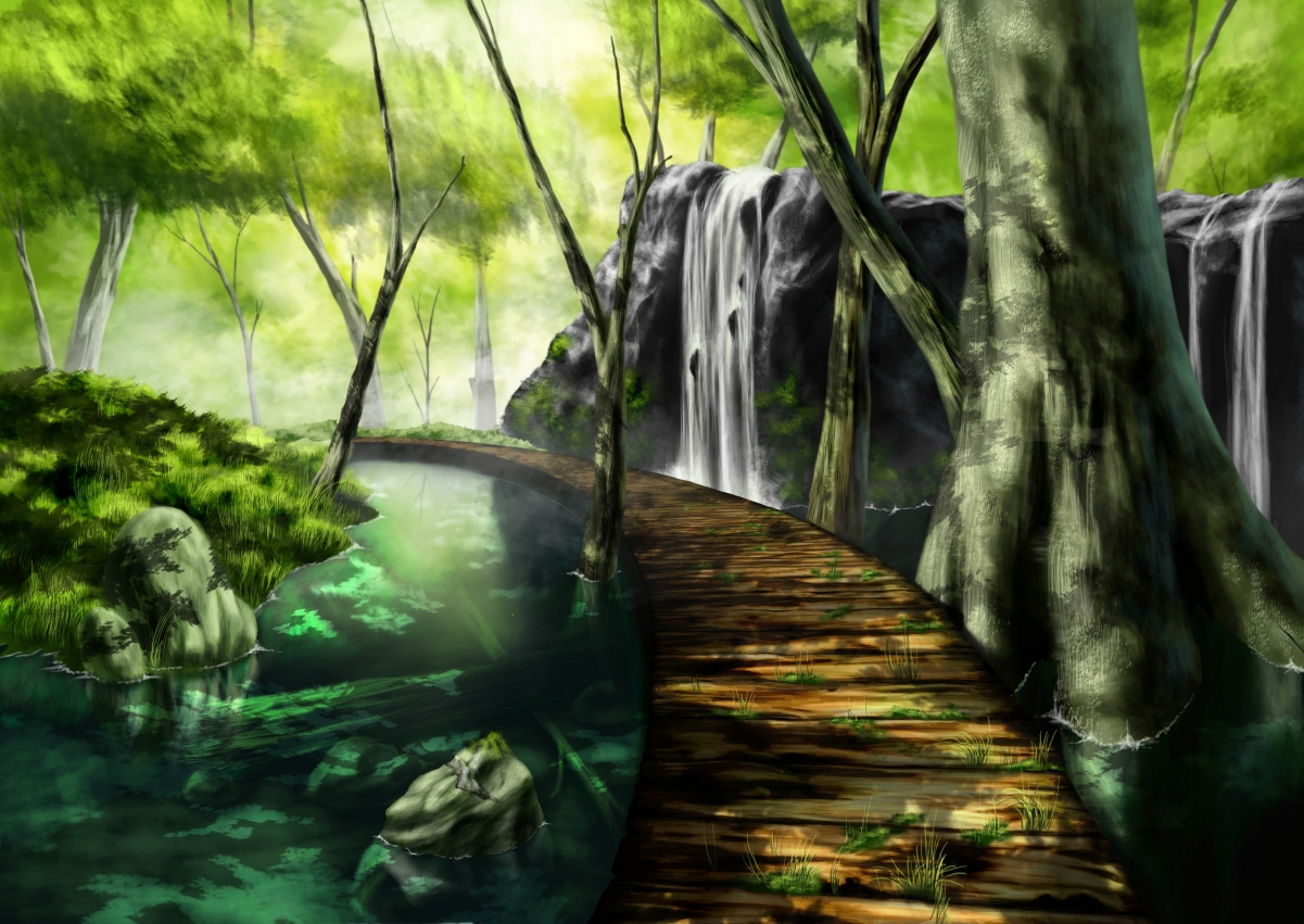 森林 树木 桥 唯美绘画手绘4k动漫风景壁纸