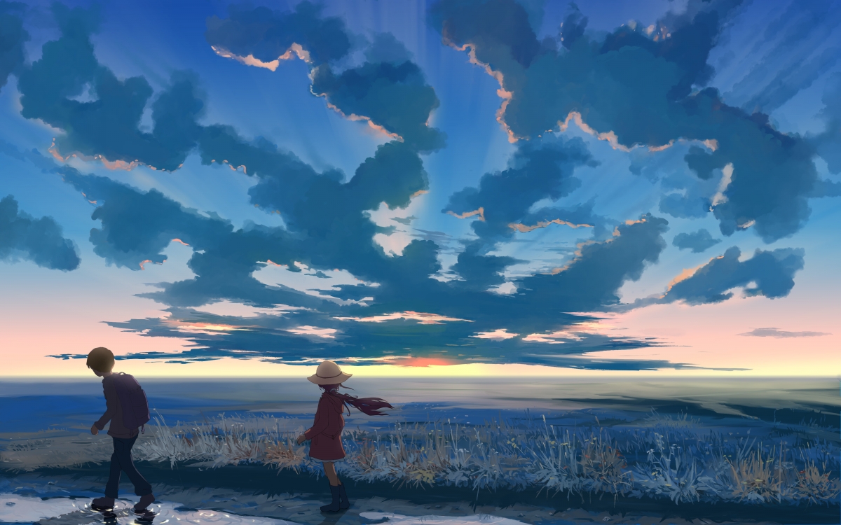 天空,云,日落,女孩,帽子,男孩,4K动漫壁纸