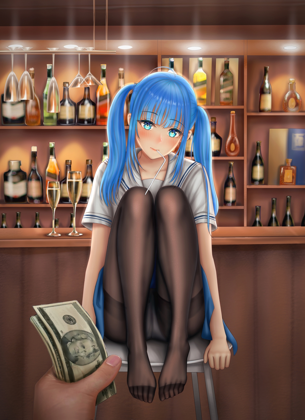 女子 女孩子 蓝色双马尾辫 丝袜 水手服制服 酒吧 4k全面屏手机壁纸