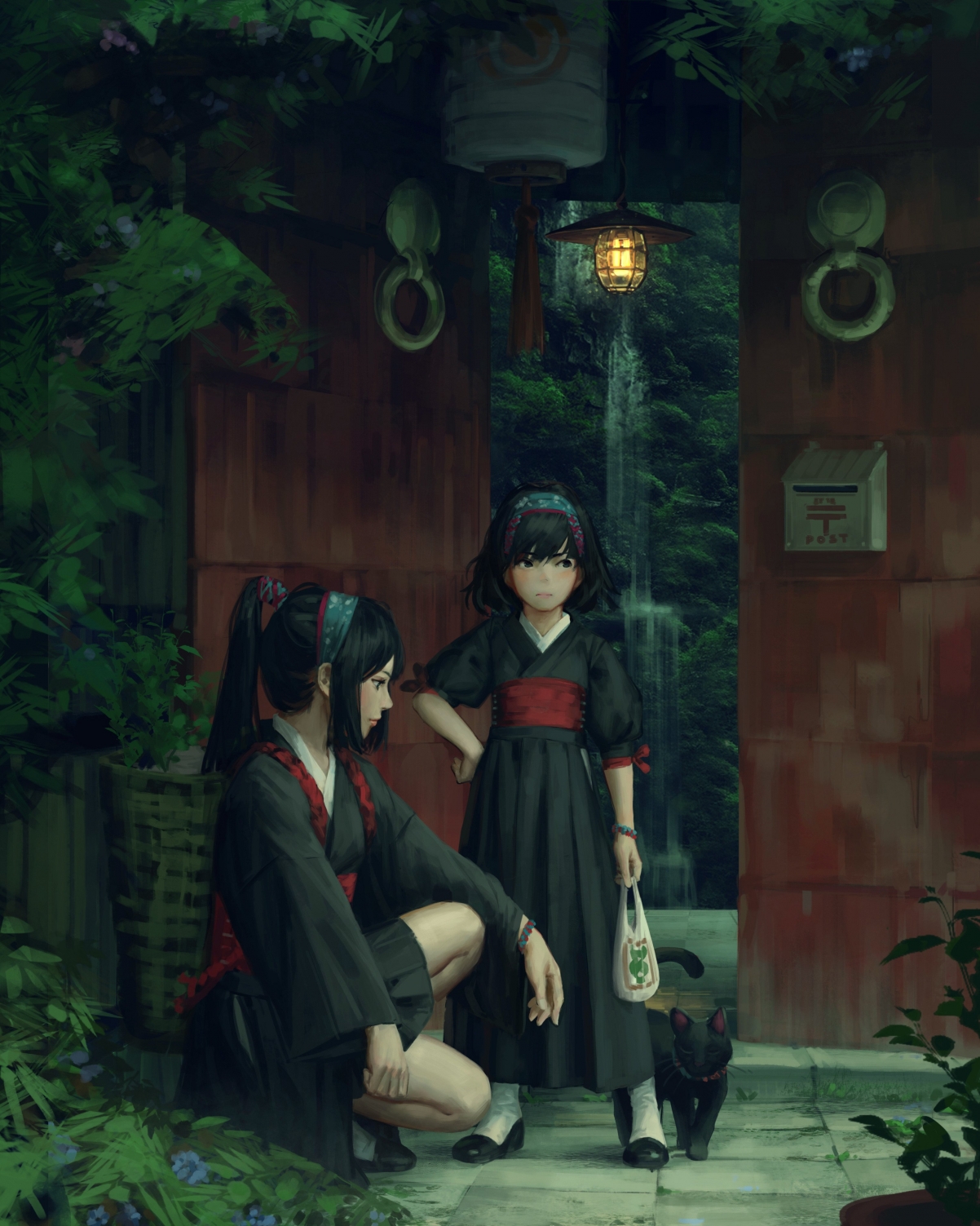 黑眼睛 动漫女孩 日本服装 短发 马尾 庭院 瀑布 4k动漫手机壁纸