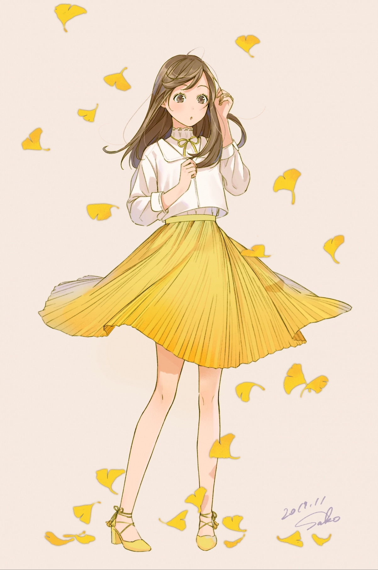 秋天 秋叶 可爱动漫少女 黄色裙子4k手机壁纸竖屏
