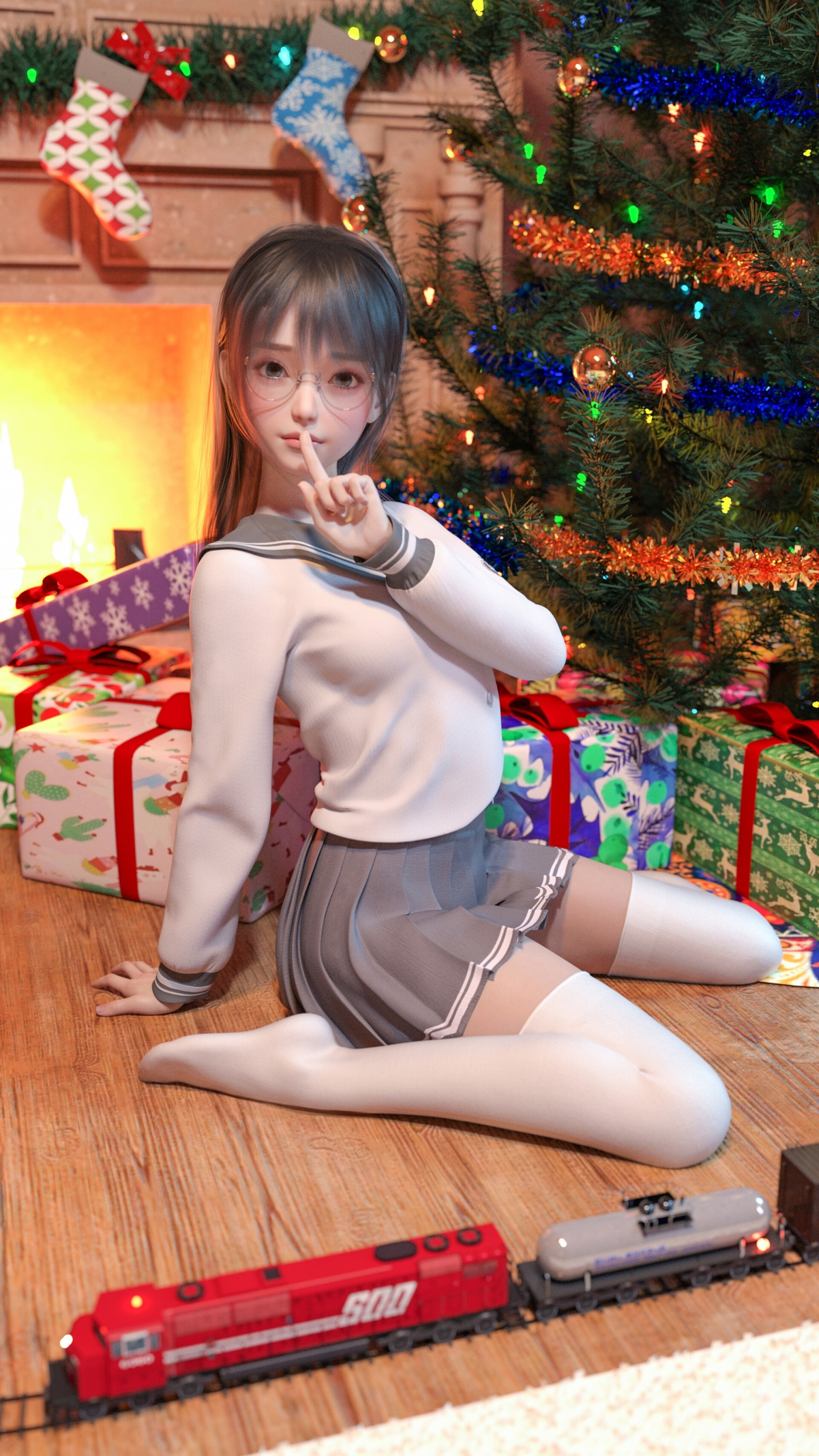 jk制服3d动漫美女 百褶裙 白色长筒袜 圣诞节 4k手机壁纸